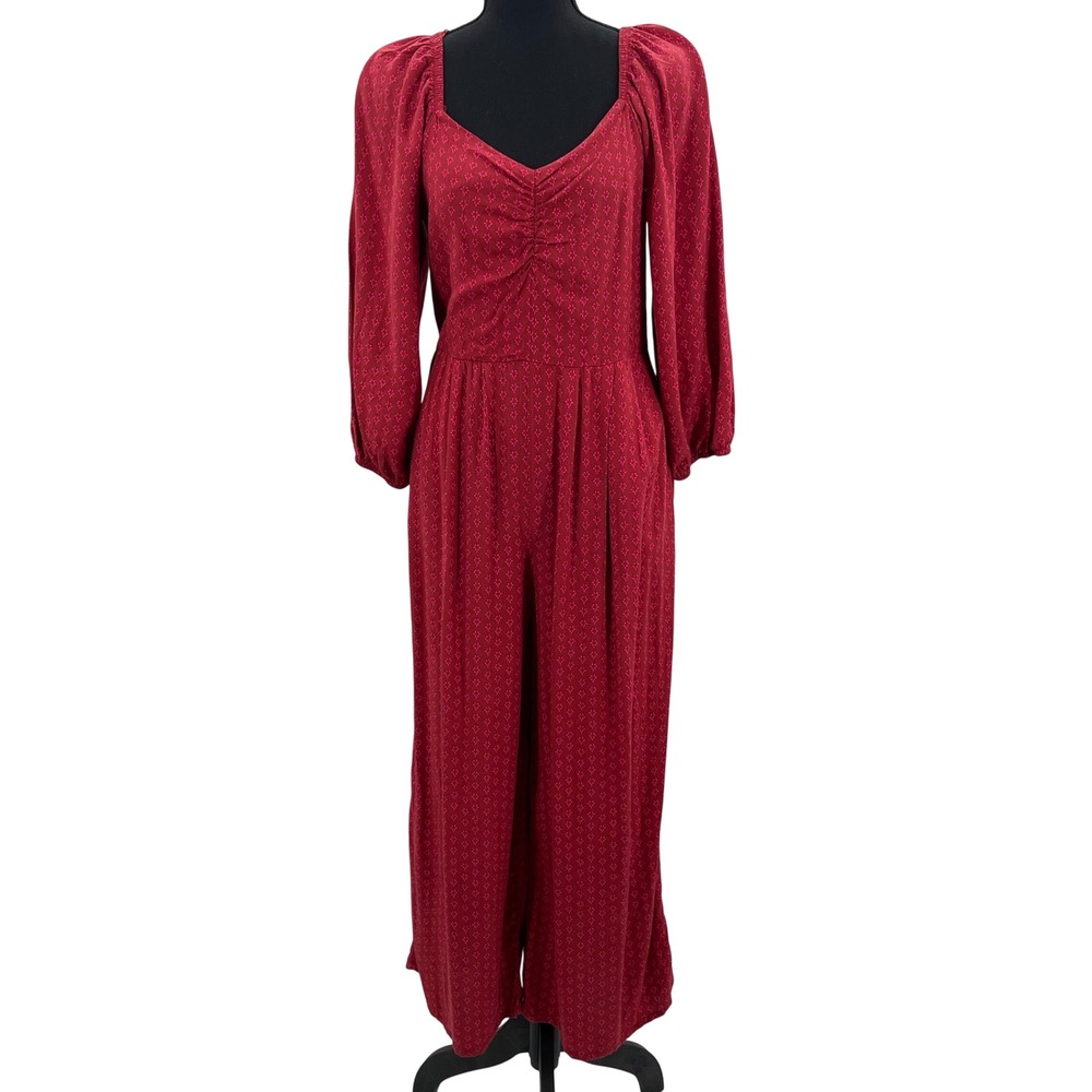 Knox Rose Red Geometric Smocked‎ Bust Puff Sleeve Jumpsuit Wide Leg Womens M